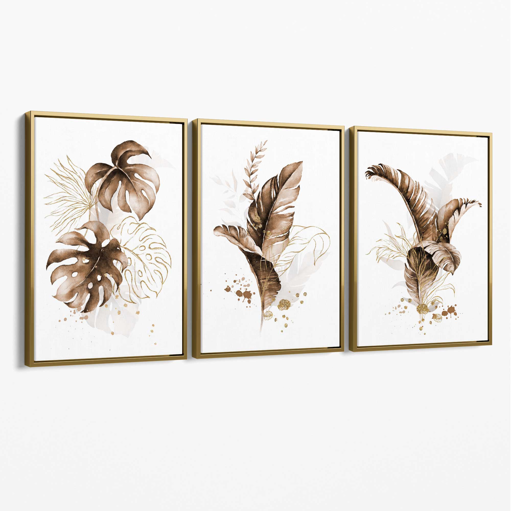 Set of 3 Brown and Gold Tropical Leaves Canvas Art Prints with Gold Float Frame