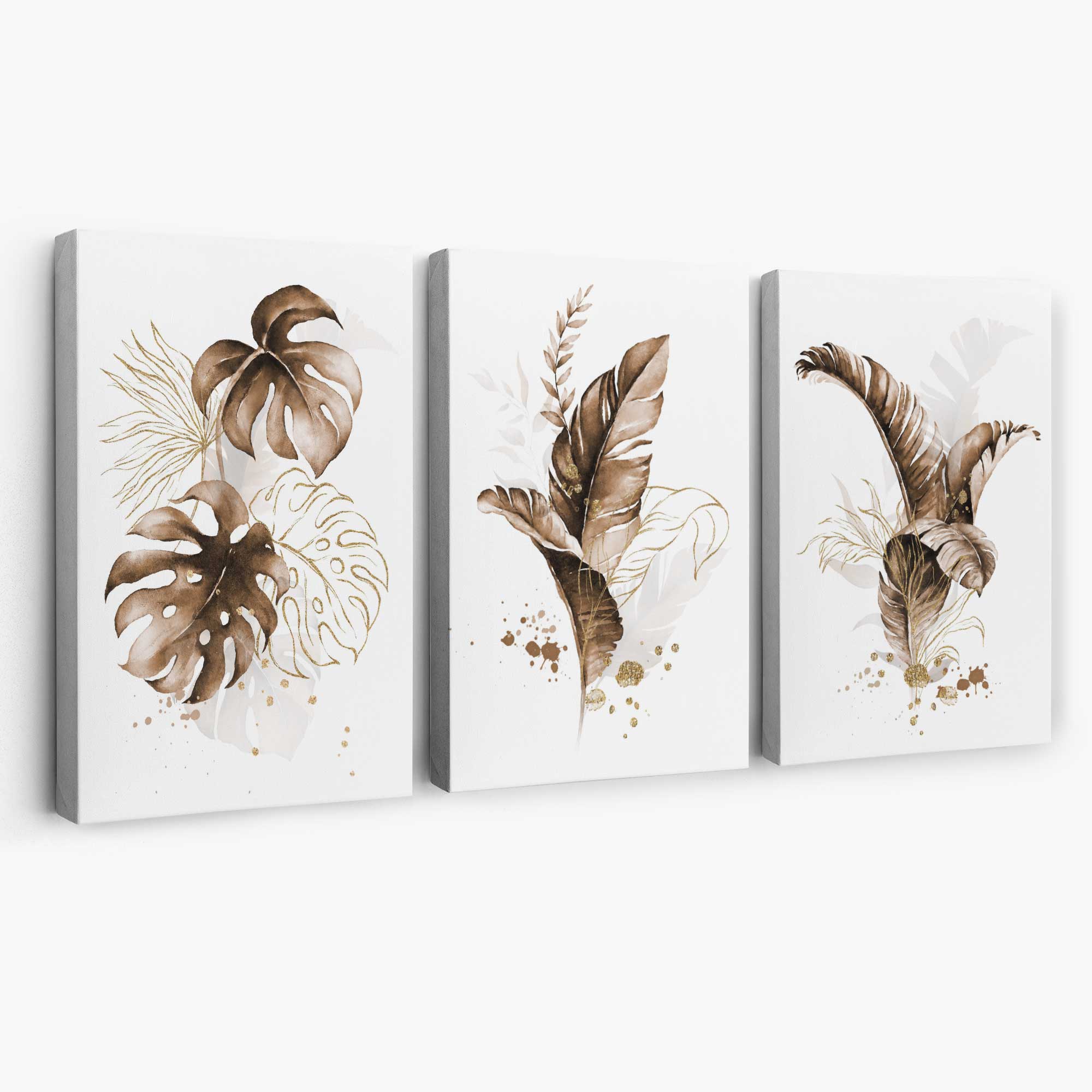 Set of 3 Brown and Gold Tropical Leaves Canvas Art Prints | Artze Wall Art
