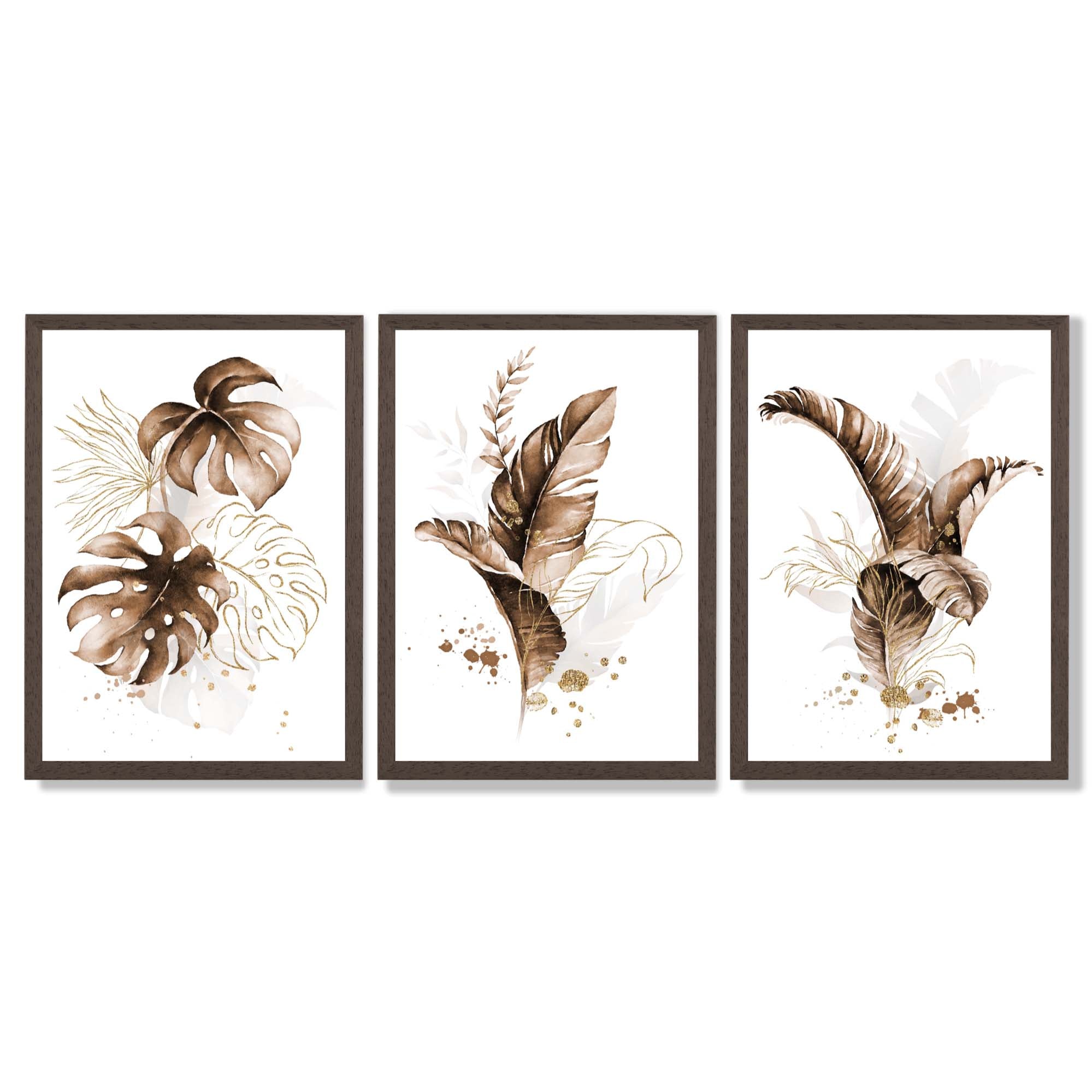 Set of 3 Brown and Gold Tropical Leaves Framed Art Prints with Dark Wood Frames
