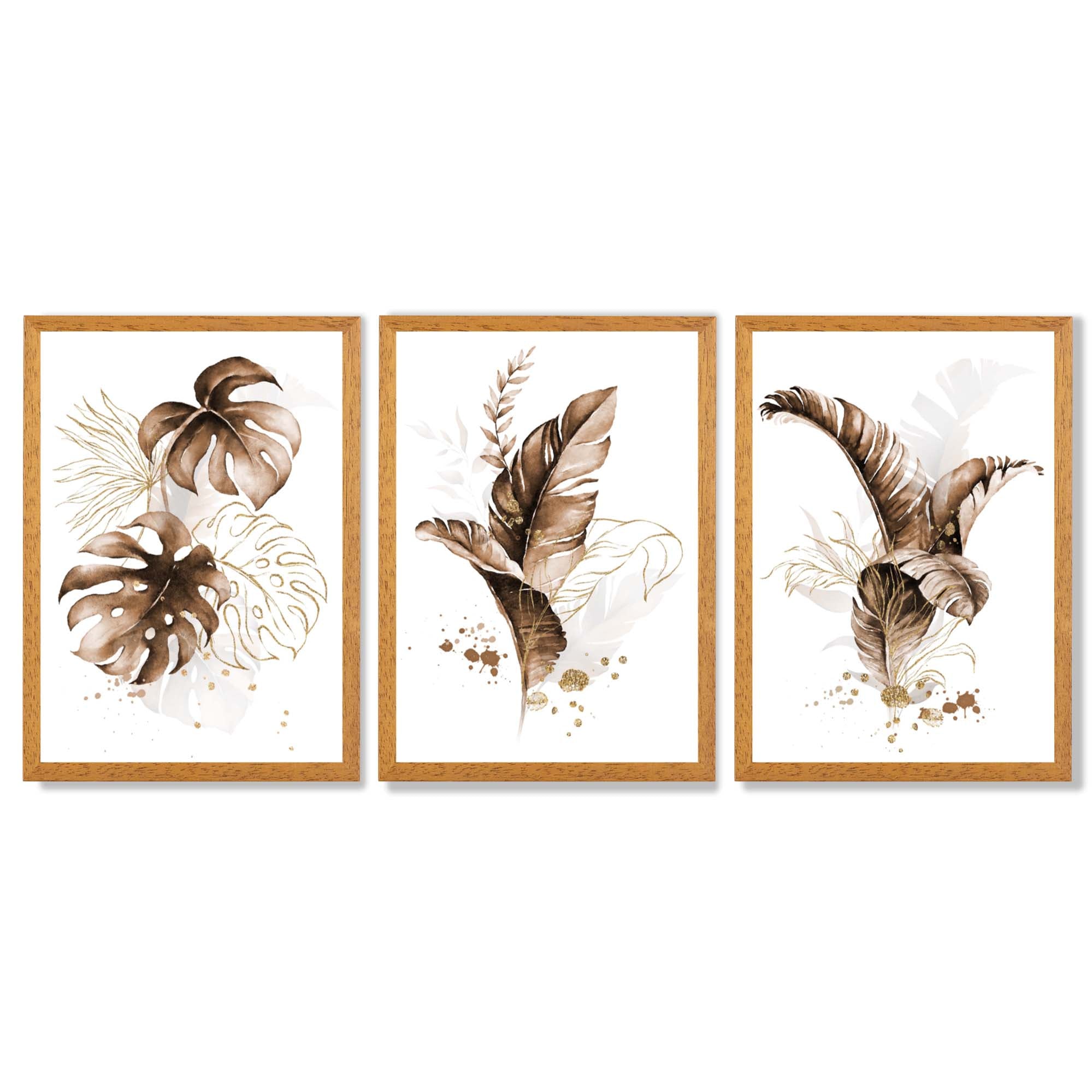 Set of 3 Brown and Gold Tropical Leaves Framed Art Prints with Oak Wooden Frames