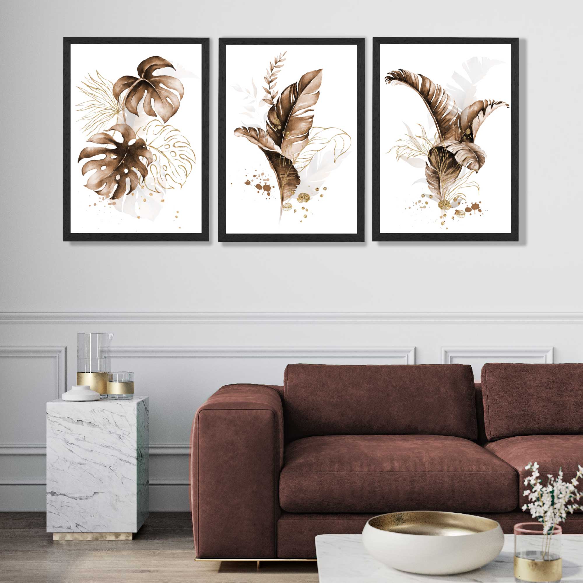 Set of 3 Brown and Gold Tropical Leaves Art Prints in Black Frames | Artze UK