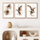 Set of 3 Brown and Gold Tropical Leaves Art Prints in Oak Frames | Artze UK