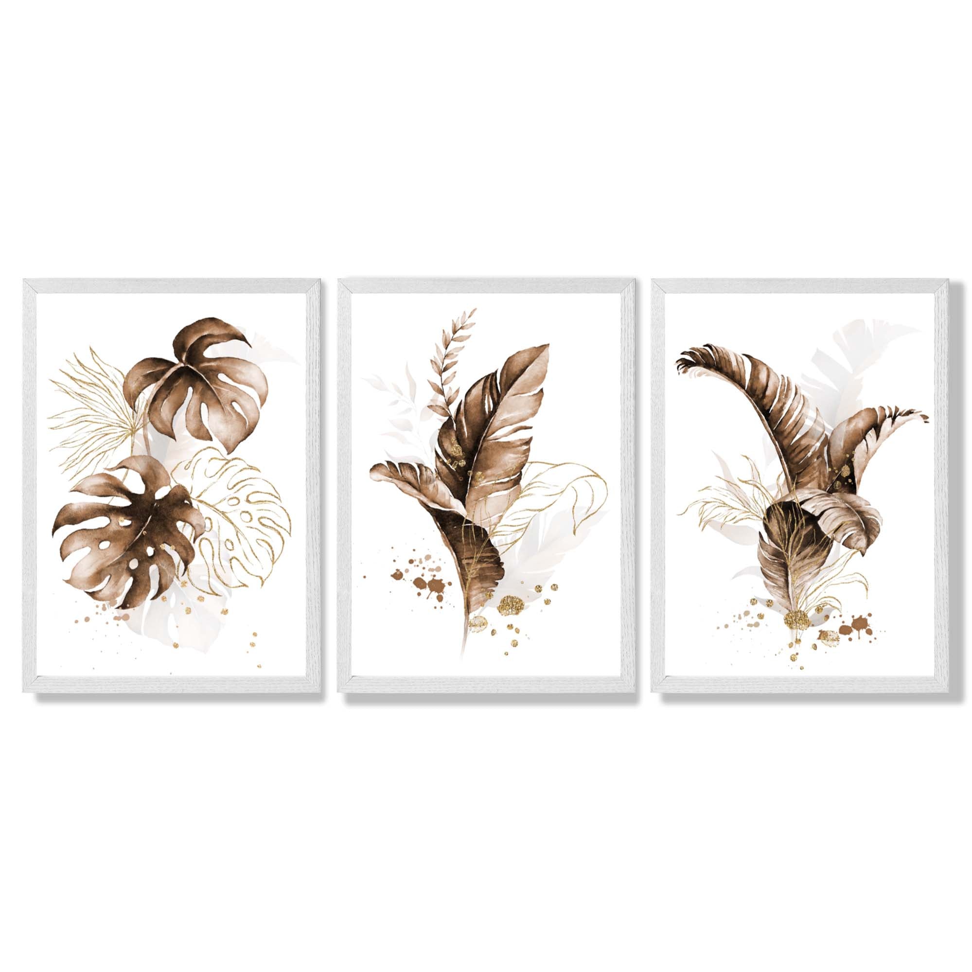 Set of 3 Brown and Gold Tropical Leaves Framed Art Prints with White Wooden Frames
