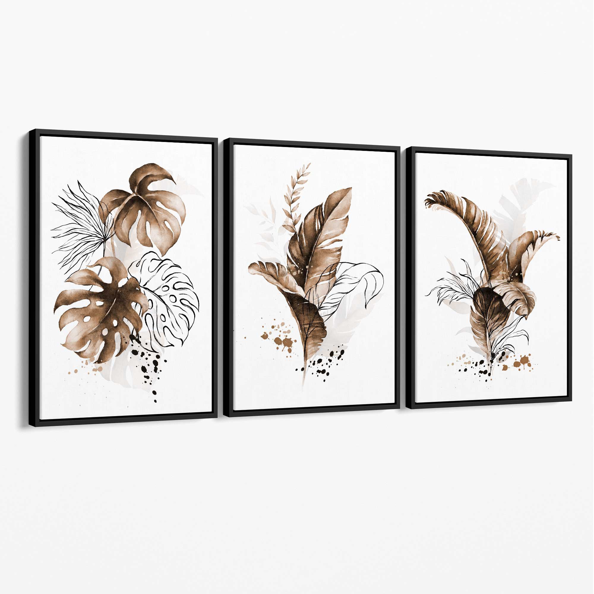 Set of 3 Brown Tropical Leaves Canvas Art Prints with Black Float Frame