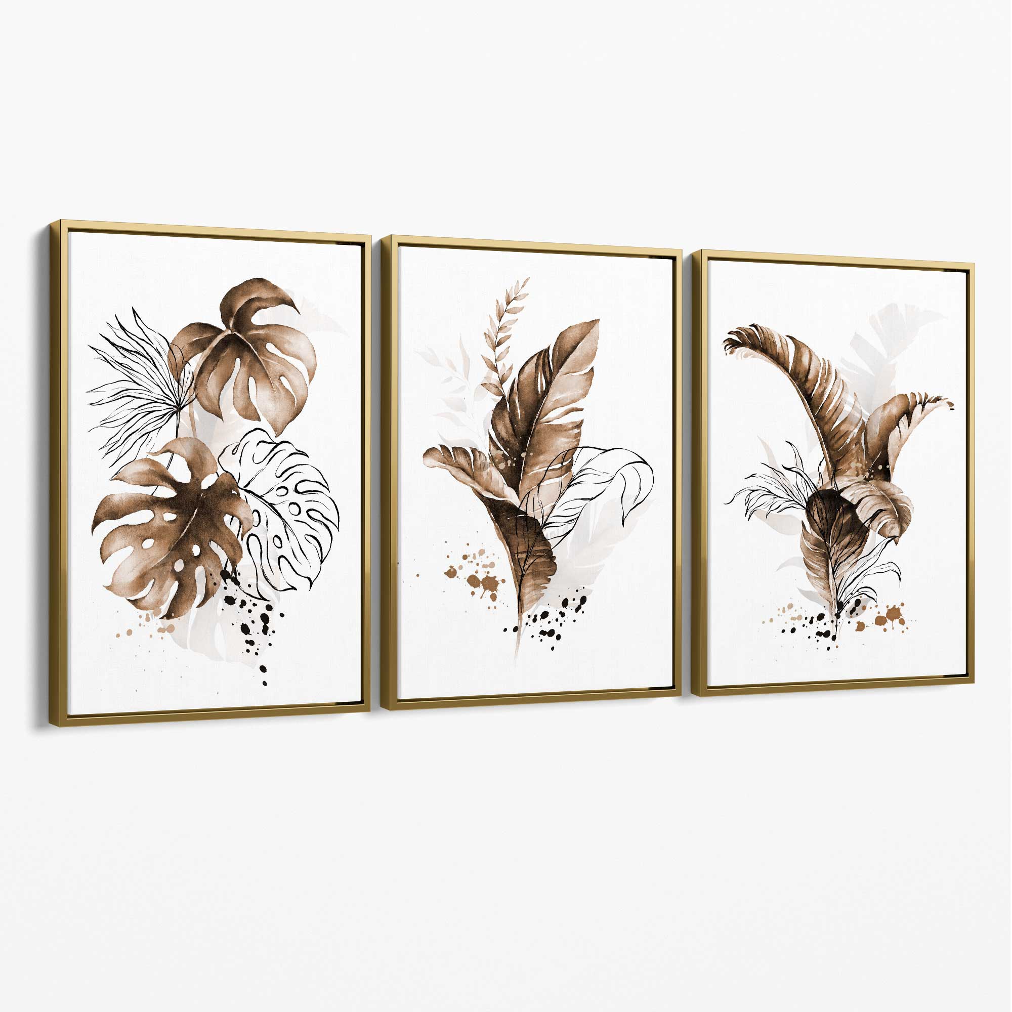 Set of 3 Brown Tropical Leaves Canvas Art Prints with Gold Float Frame