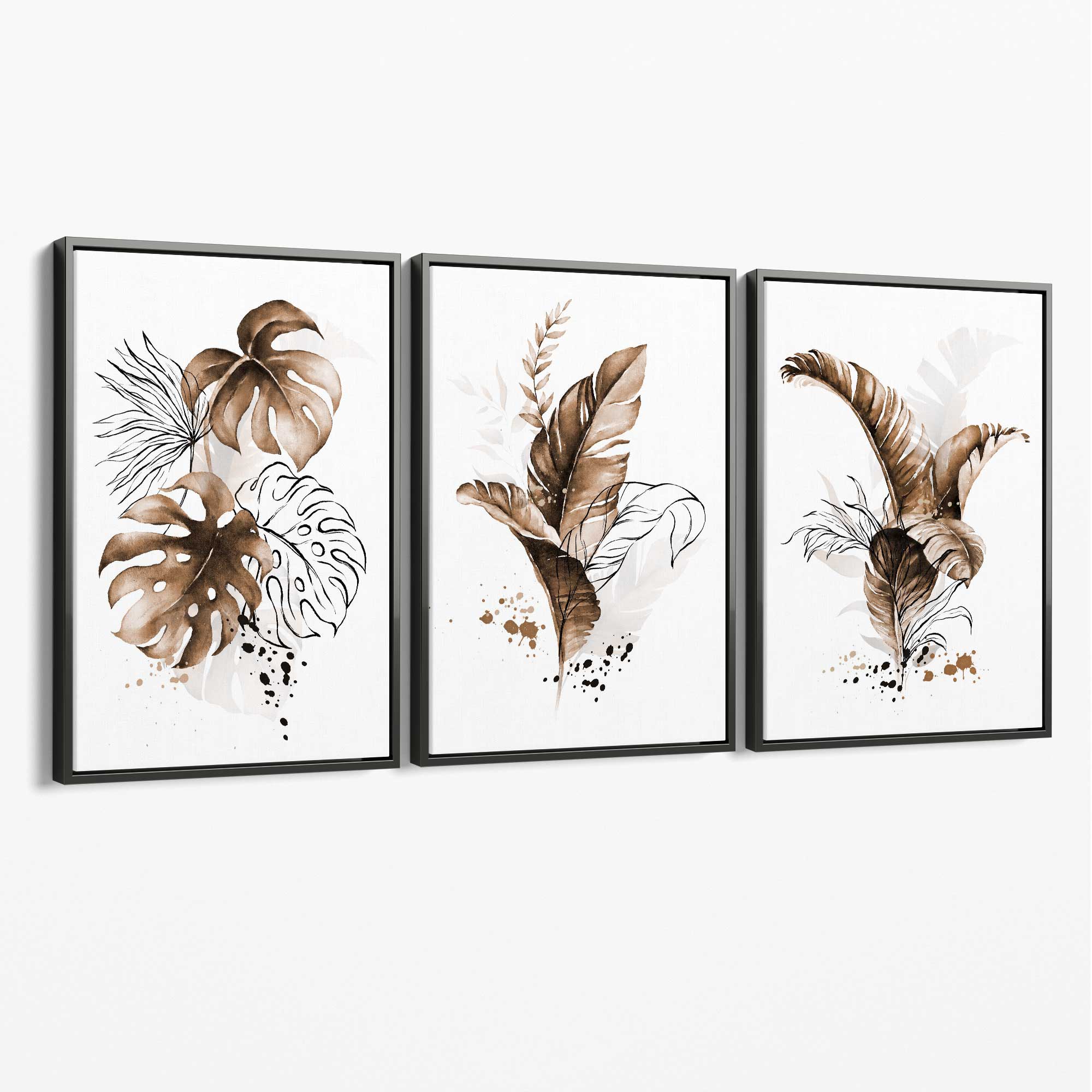 Set of 3 Brown Tropical Leaves Canvas Art Prints with Grey Float Frame
