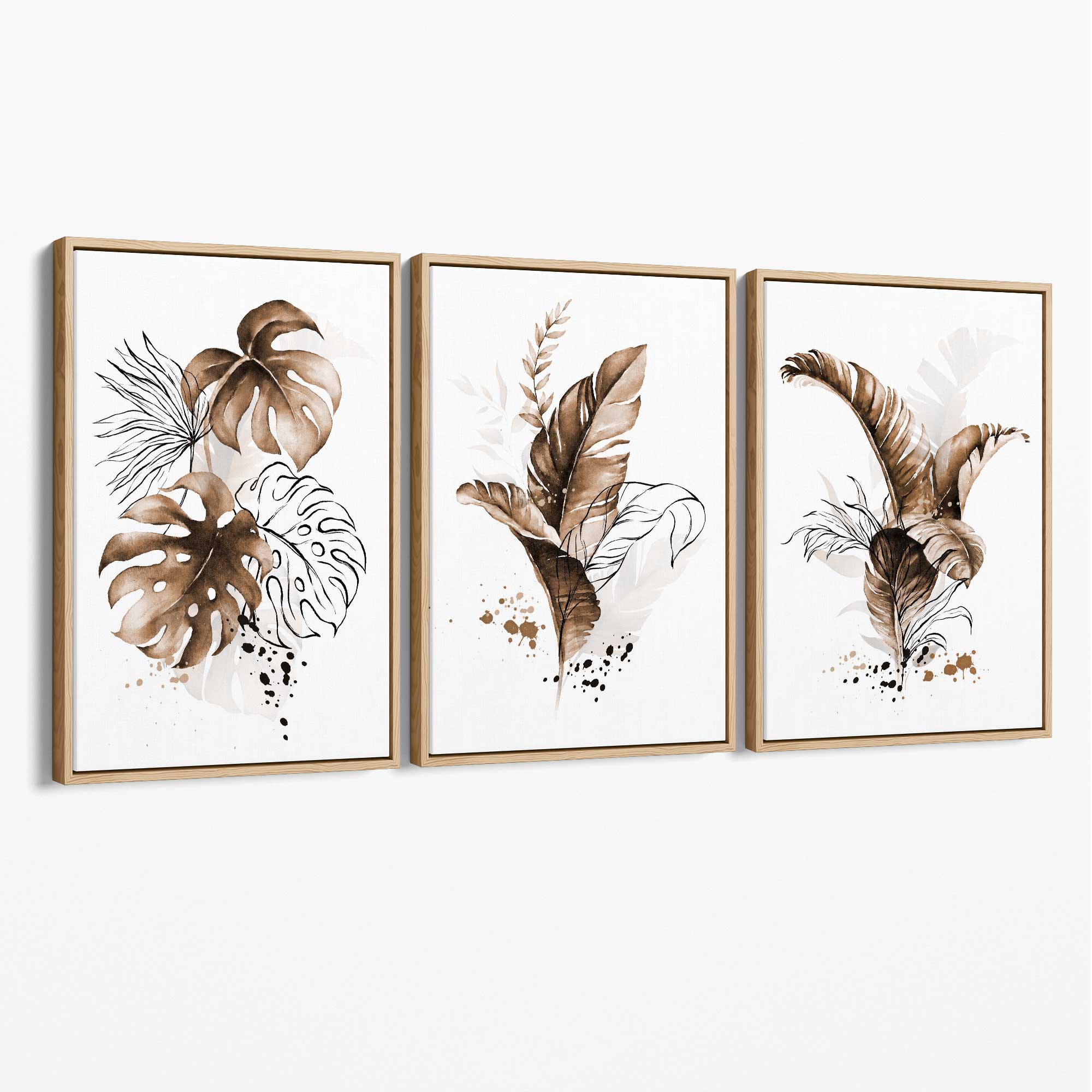 Set of 3 Brown Tropical Leaves Canvas Art Prints with Oak Float Frame