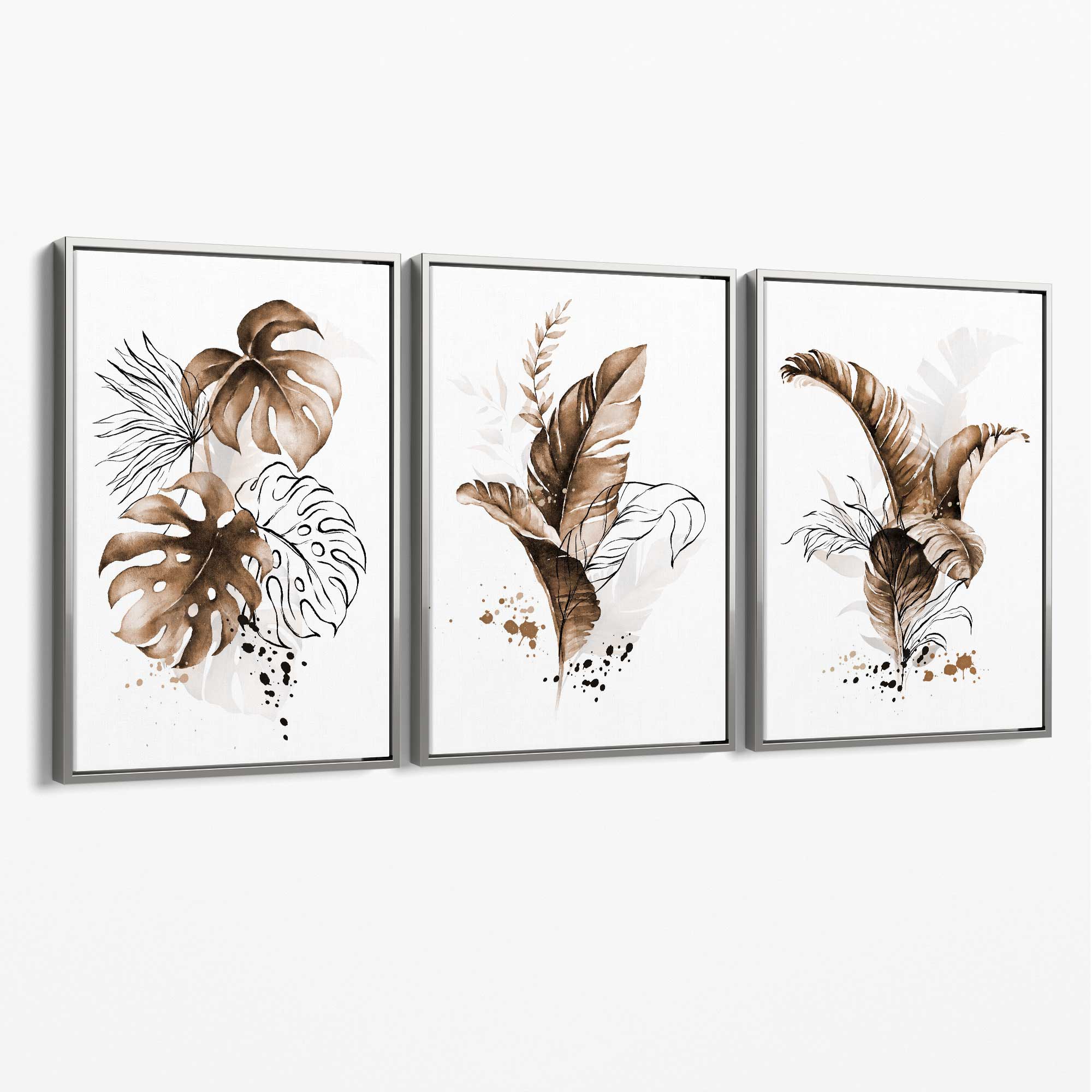 Set of 3 Brown Tropical Leaves Canvas Art Prints with Silver Float Frame
