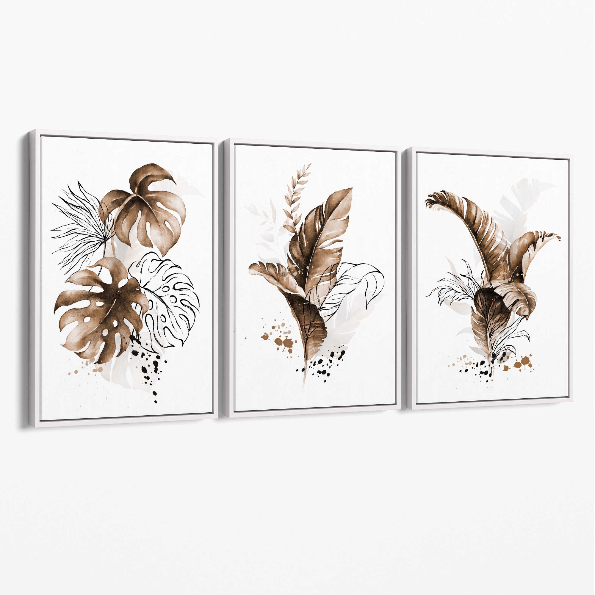 Set of 3 Brown Tropical Leaves Canvas Art Prints with White Float Frame