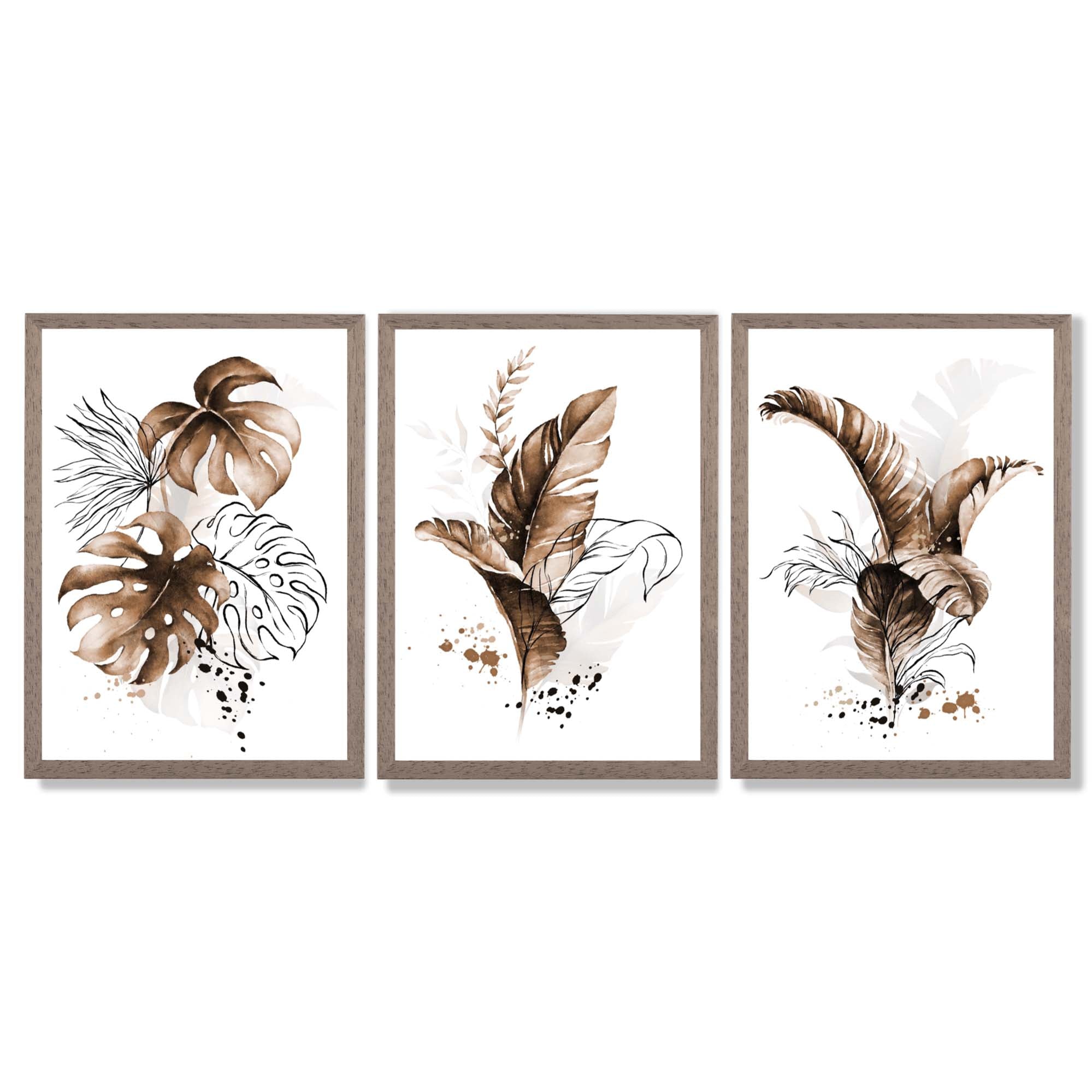 Set of 3 Brown Tropical Leaves Framed Art Prints with Light Walnut Frames