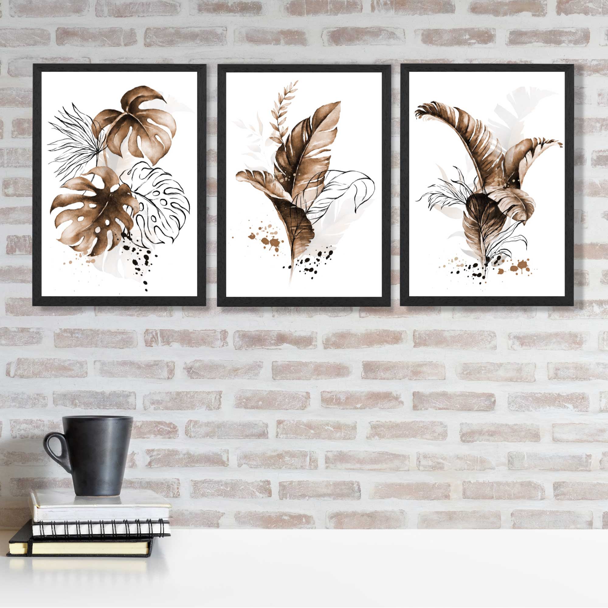 Set of 3 Brown Tropical Leaves Art Prints in Black Frames | Artze UK