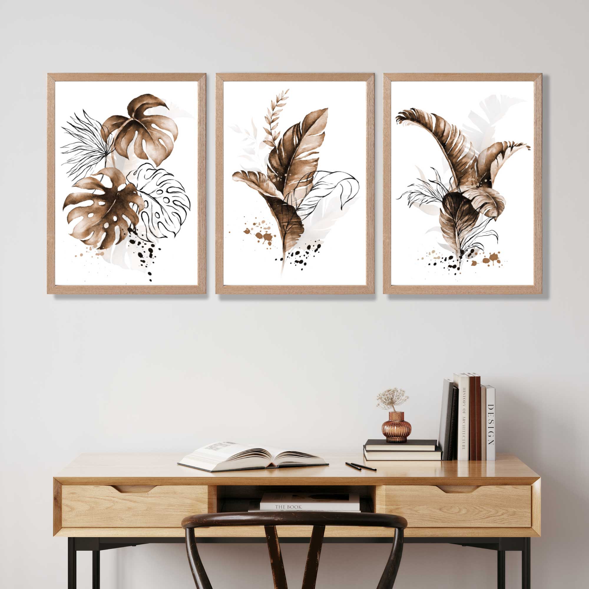 Set of 3 Brown Tropical Leaves Art Prints in Oak Frames | Artze UK