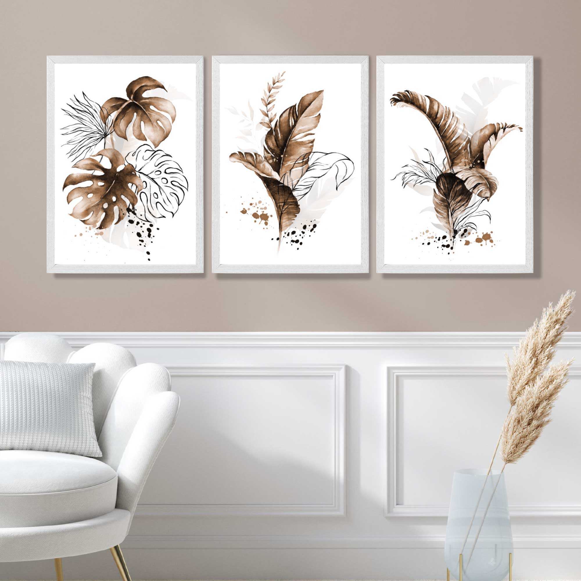 Set of 3 Brown Tropical Leaves Art Prints in White Frames | Artze UK