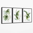Set of 3 Green Tropical Leaves Canvas Art Prints with Black Float Frame