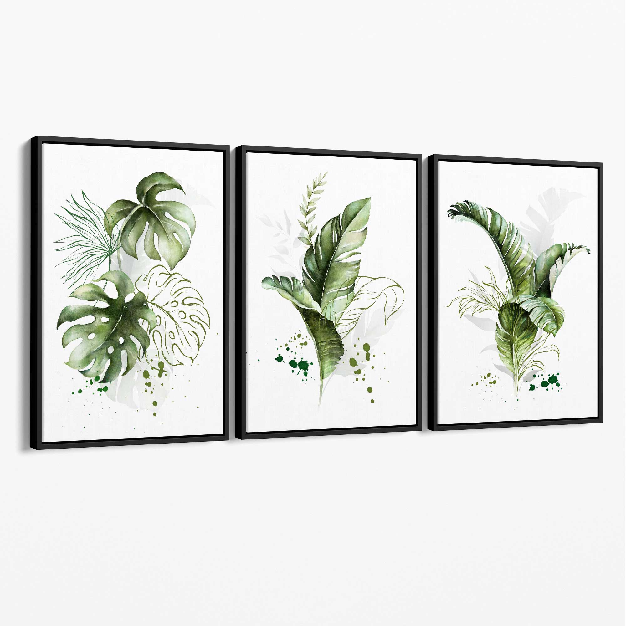 Set of 3 Green Tropical Leaves Canvas Art Prints with Black Float Frame