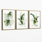 Set of 3 Green Tropical Leaves Canvas Art Prints with Gold Float Frame