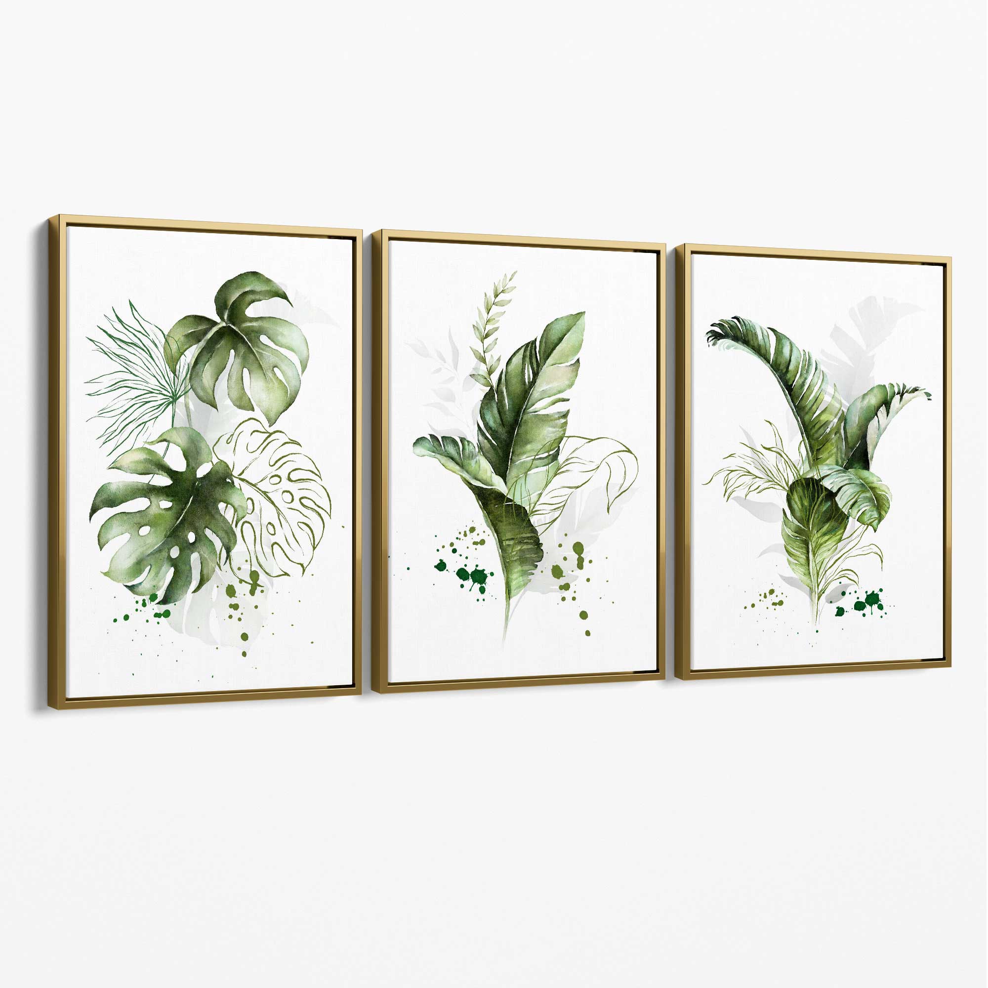 Set of 3 Green Tropical Leaves Canvas Art Prints with Gold Float Frame