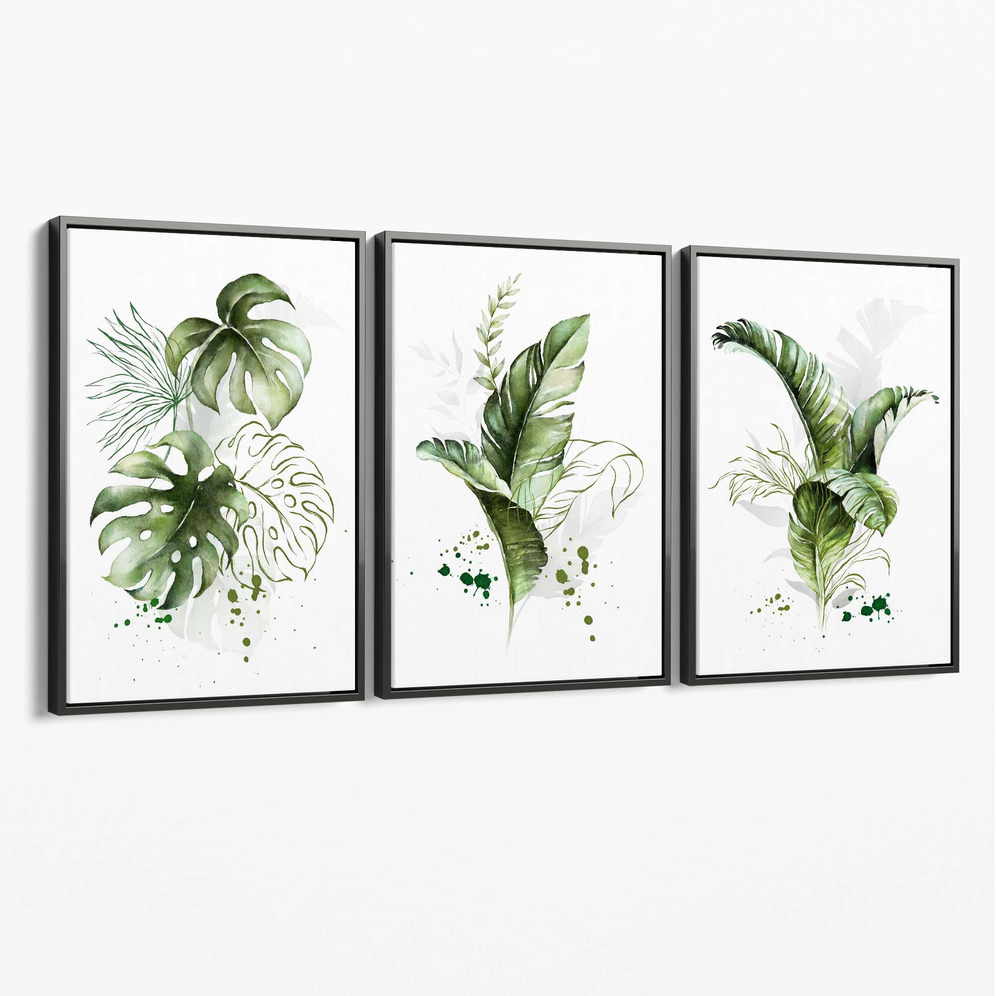 Set of 3 Green Tropical Leaves Canvas Art Prints with Grey Float Frame