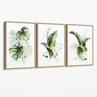 Set of 3 Green Tropical Leaves Canvas Art Prints with Oak Float Frame