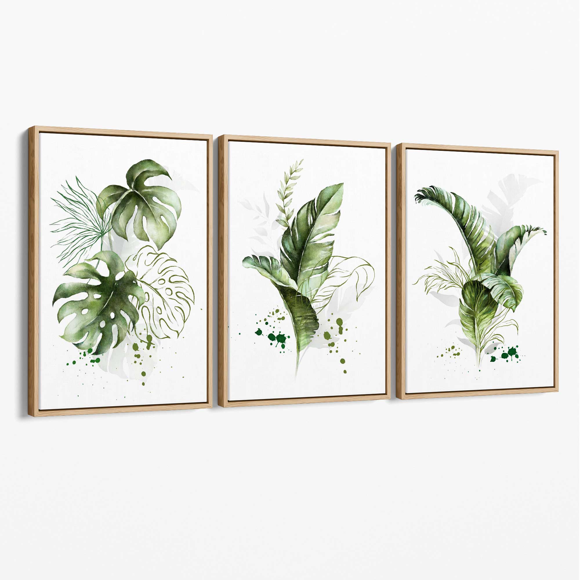 Set of 3 Green Tropical Leaves Canvas Art Prints with Oak Float Frame