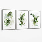 Set of 3 Green Tropical Leaves Canvas Art Prints with Silver Float Frame