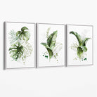 Set of 3 Green Tropical Leaves Canvas Art Prints with White Float Frame