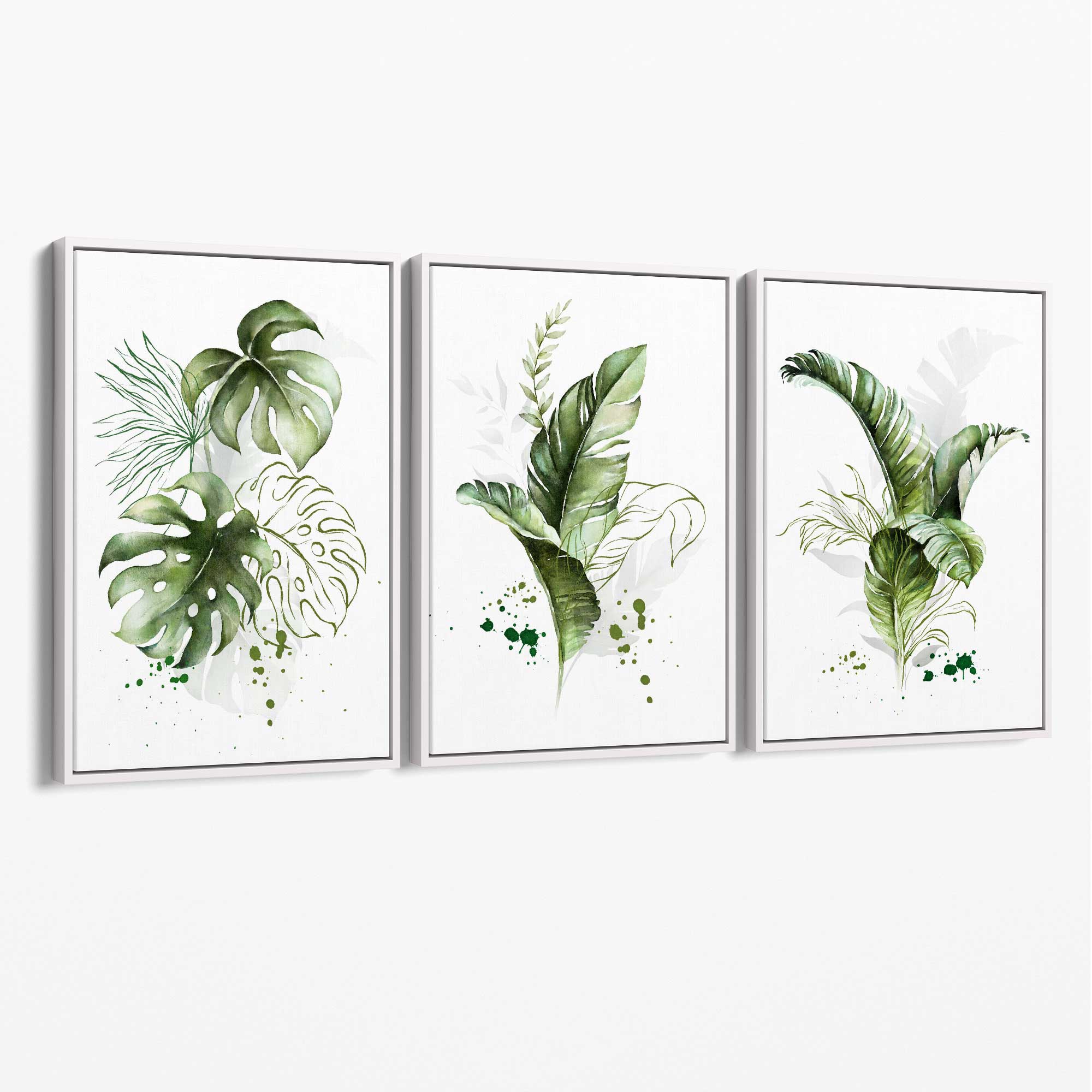 Set of 3 Green Tropical Leaves Canvas Art Prints with White Float Frame