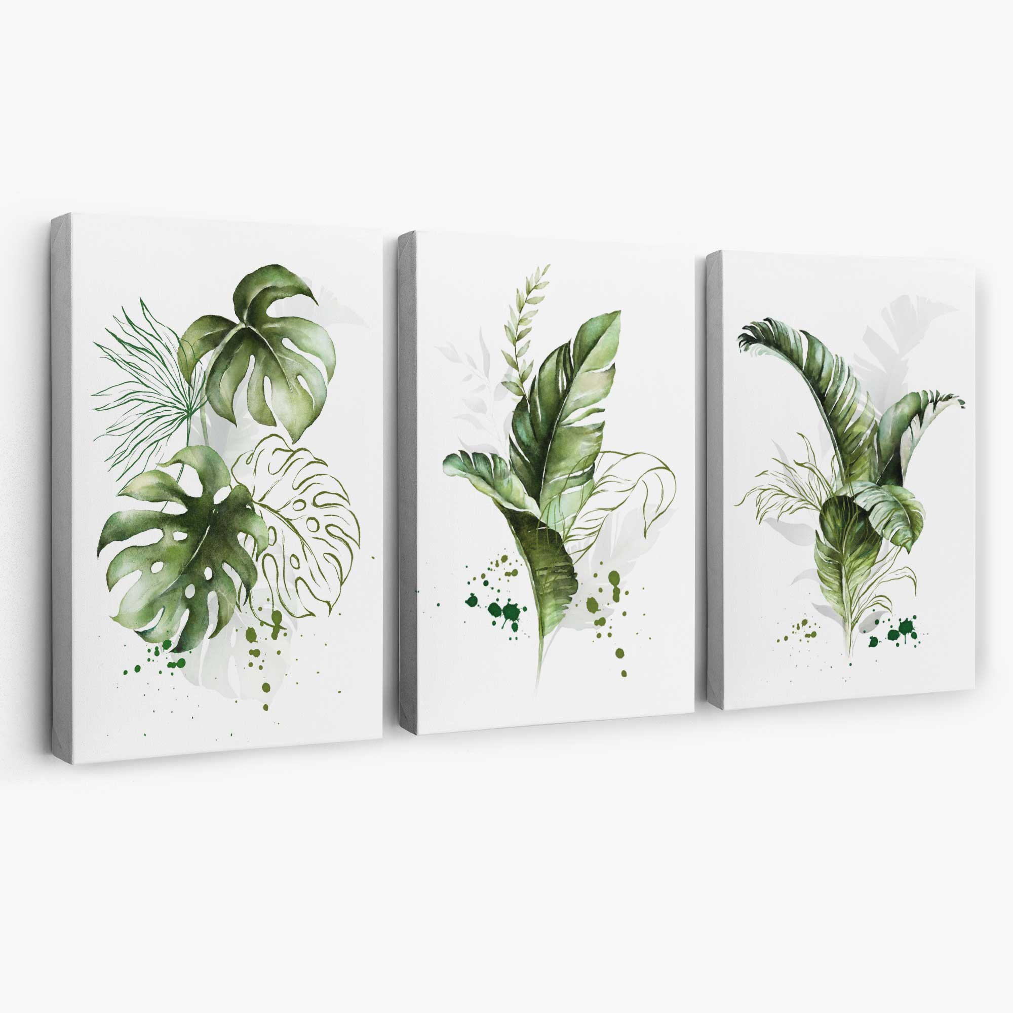 Set of 3 Green Tropical Leaves Canvas Art Prints | Artze Wall Art