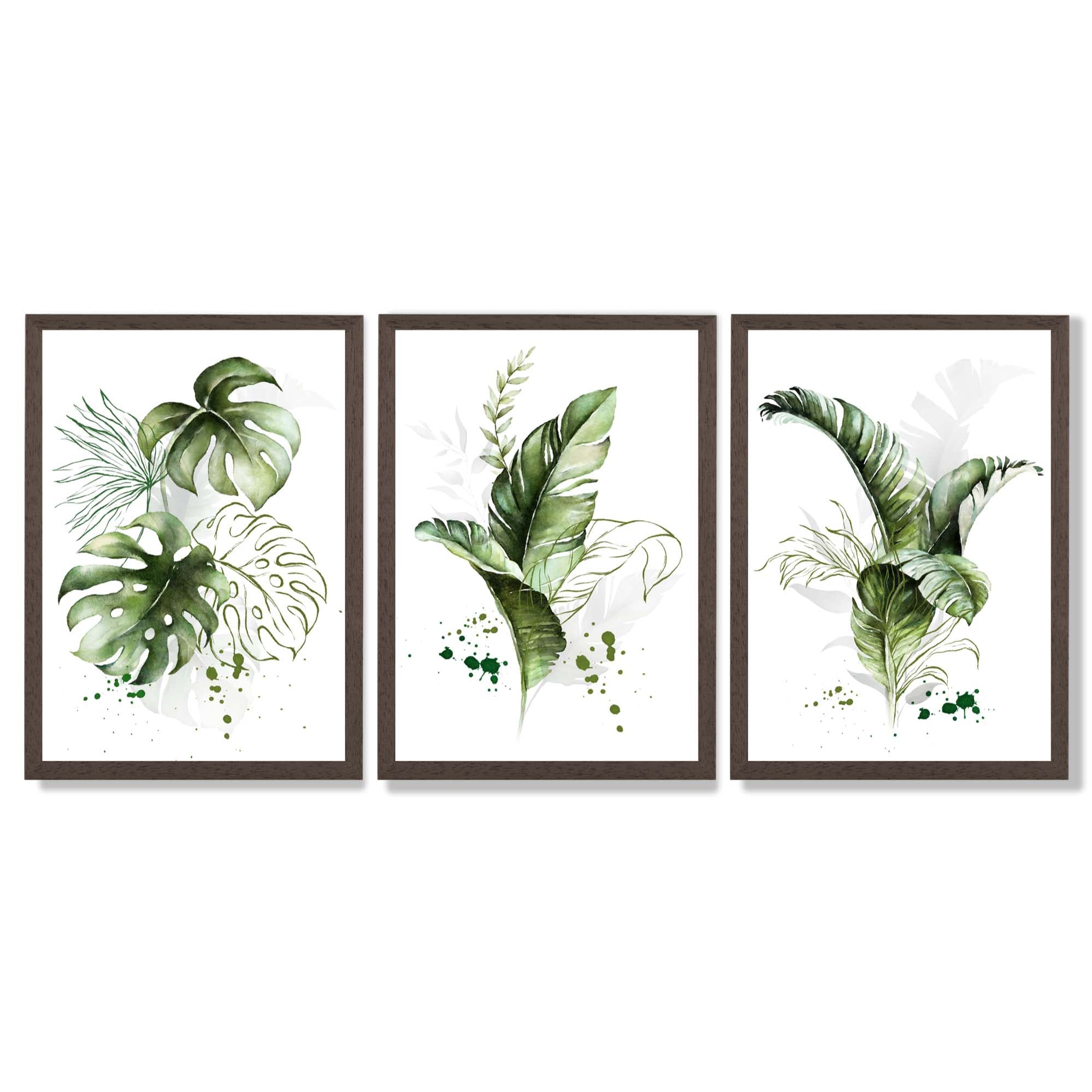 Set of 3 Green Tropical Leaves Framed Art Prints with Dark Wood Frames