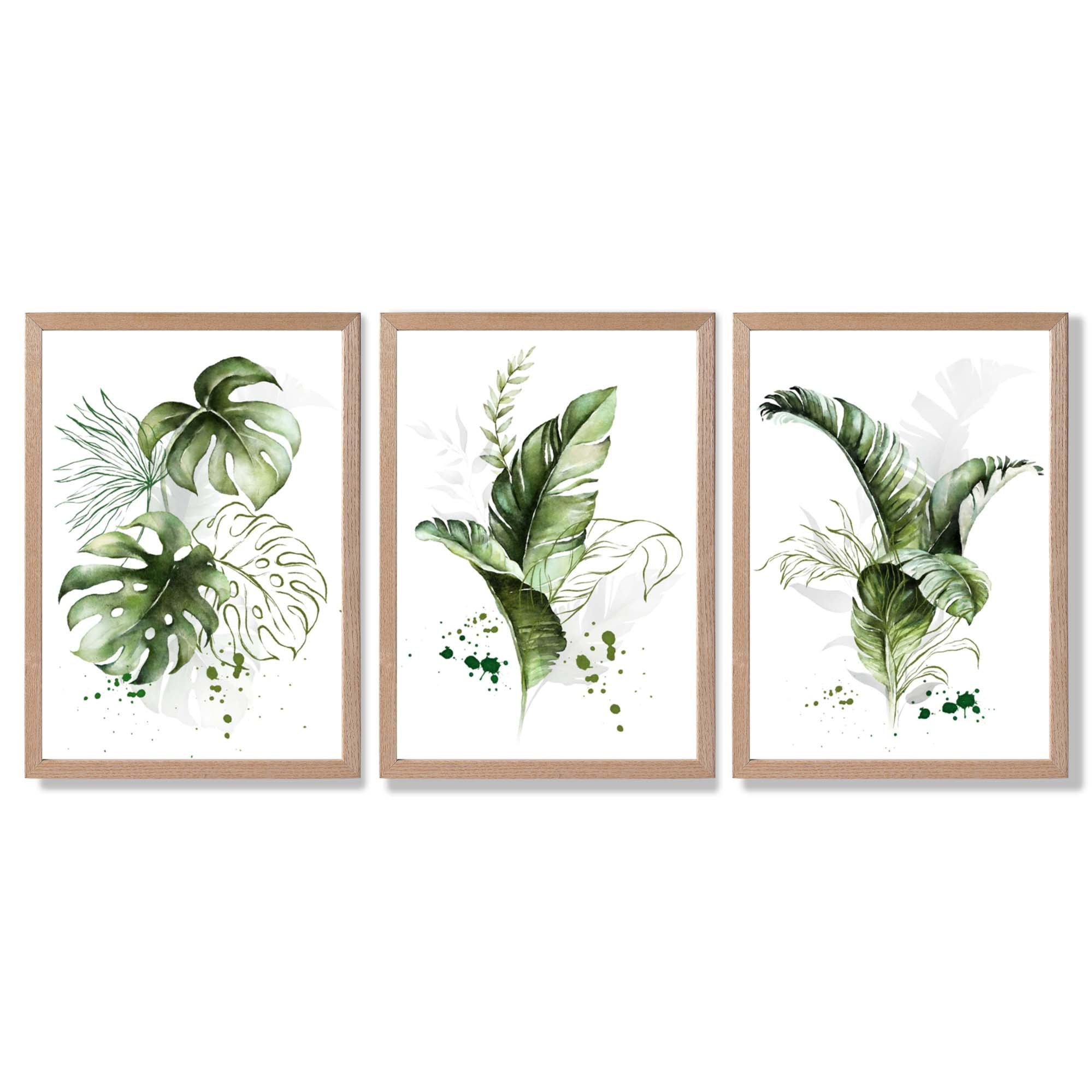Set of 3 Green Tropical Leaves Framed Art Prints with Light Oak Frames