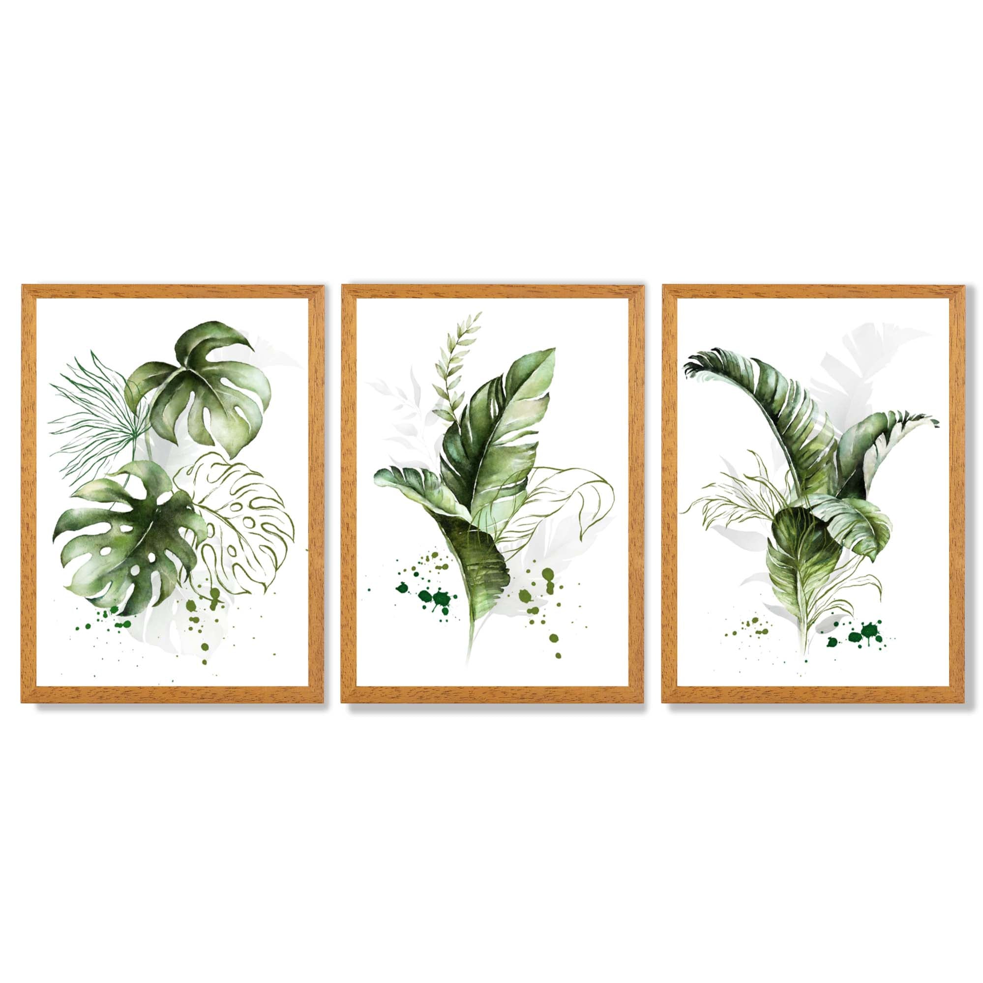 Set of 3 Green Tropical Leaves Framed Art Prints with Oak Wooden Frames