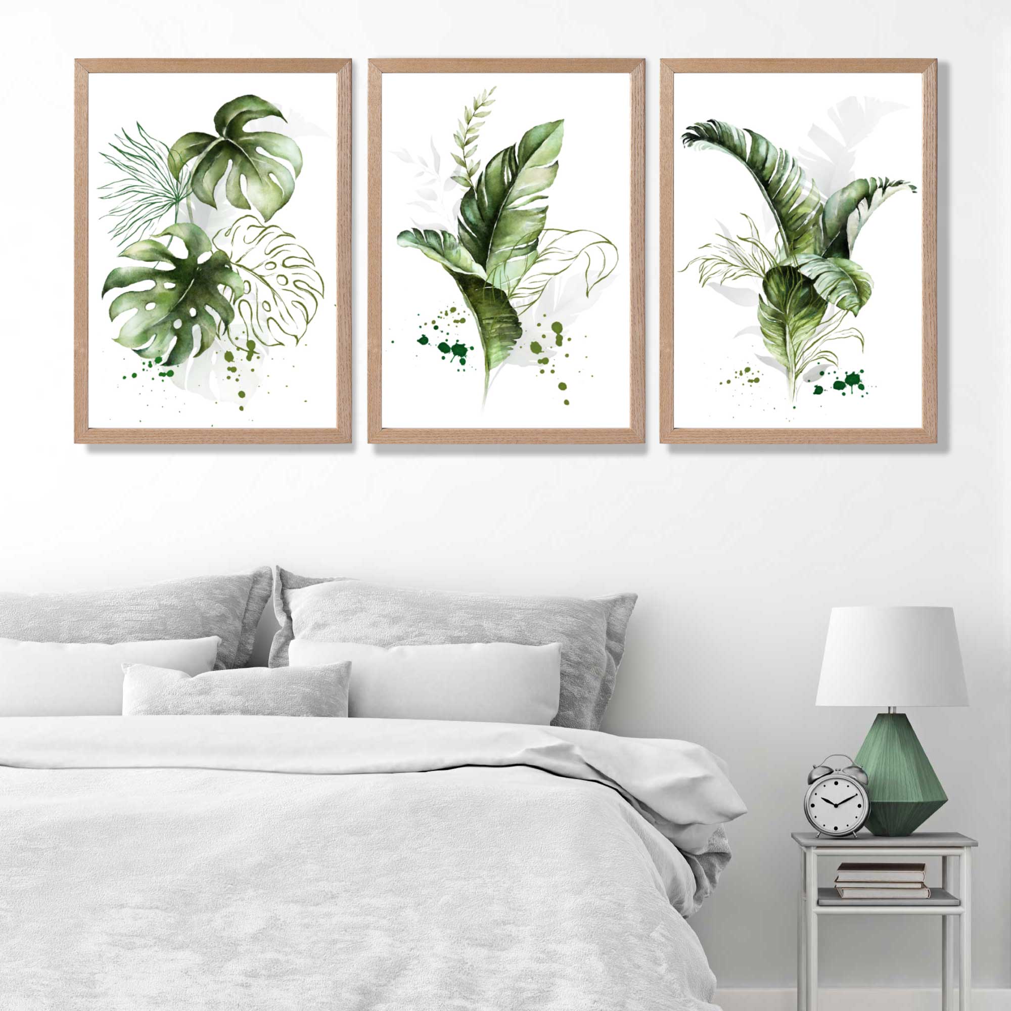 Set of 3 Green Tropical Leaves Art Prints in Oak Frames | Artze UK