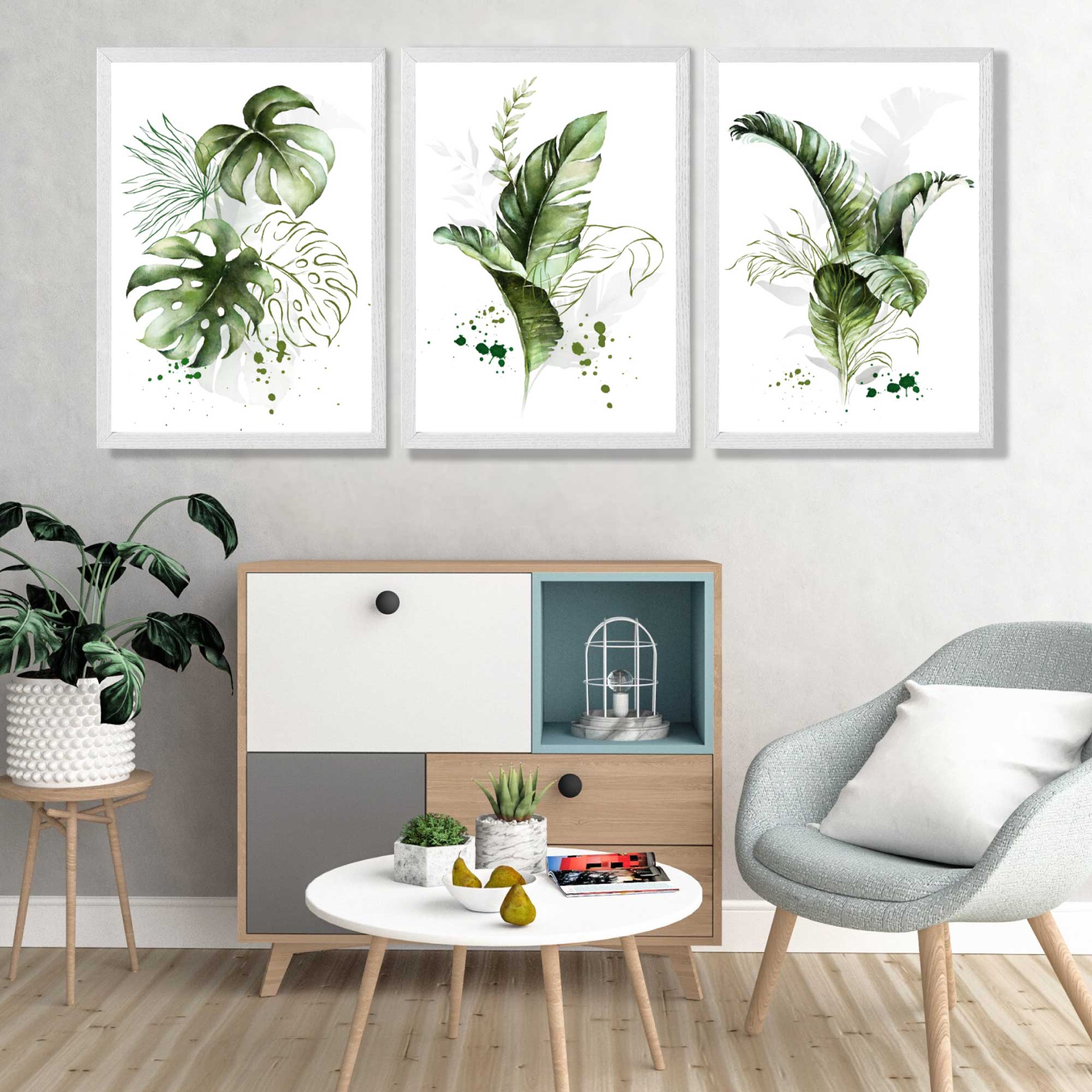 Set of 3 Green Tropical Leaves Art Prints in White Frames | Artze UK
