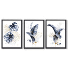 Set of 3 Navy Blue and Gold Tropical Leaves Framed Art Prints with Black Wooden Frames