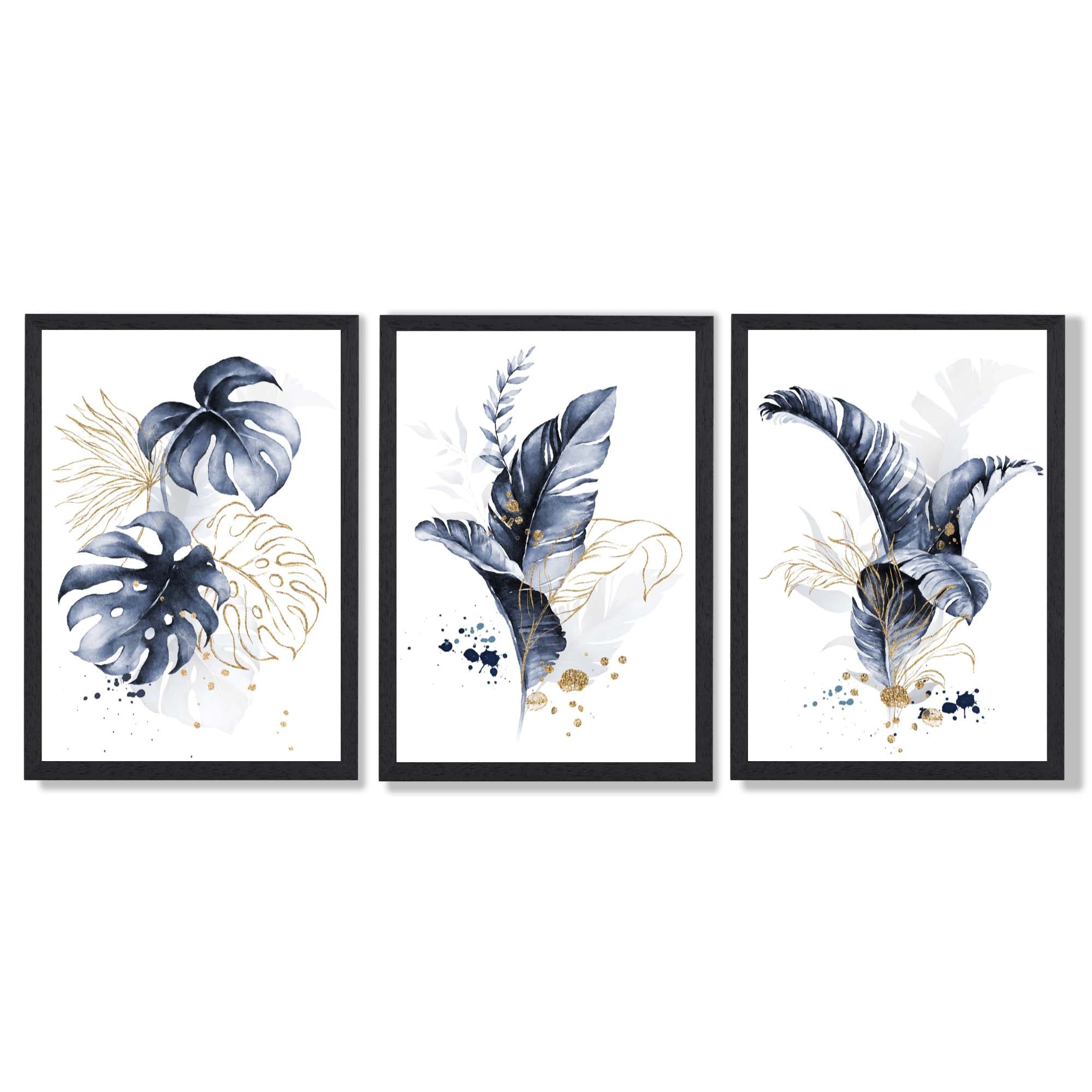Set of 3 Navy Blue and Gold Tropical Leaves Framed Art Prints with Black Wooden Frames