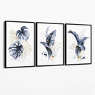 Set of 3 Navy Blue and Gold Tropical Leaves Canvas Art Prints with Black Float Frame