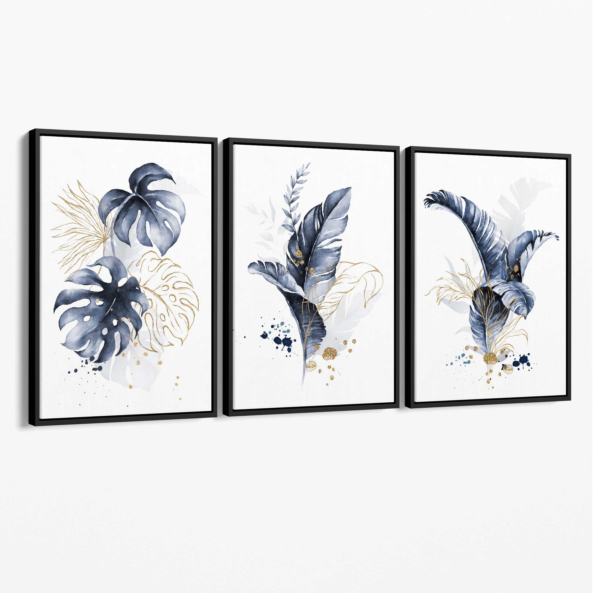Set of 3 Navy Blue and Gold Tropical Leaves Canvas Art Prints with Black Float Frame