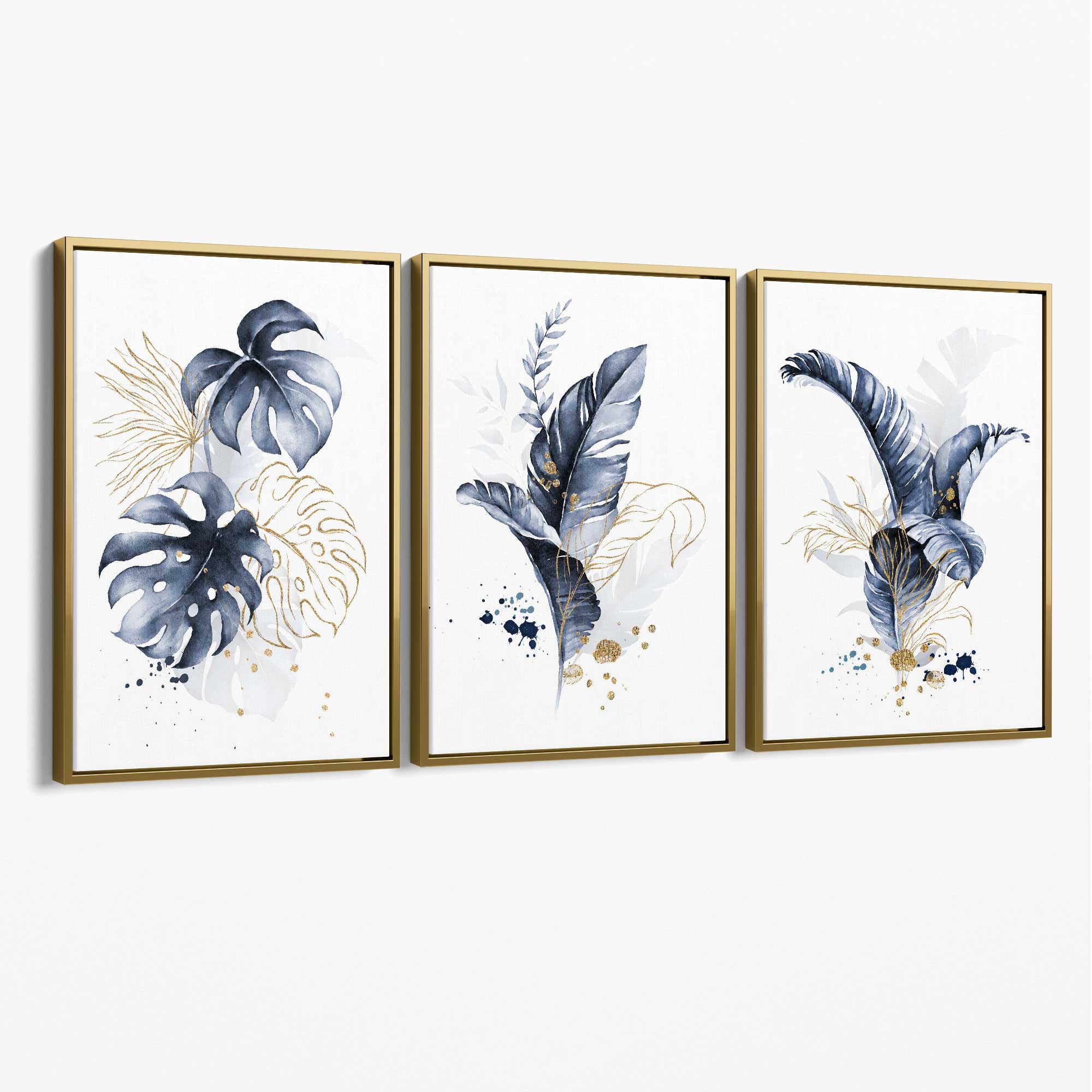 Set of 3 Navy Blue and Gold Tropical Leaves Canvas Art Prints with Gold Float Frame