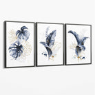 Set of 3 Navy Blue and Gold Tropical Leaves Canvas Art Prints with Grey Float Frame
