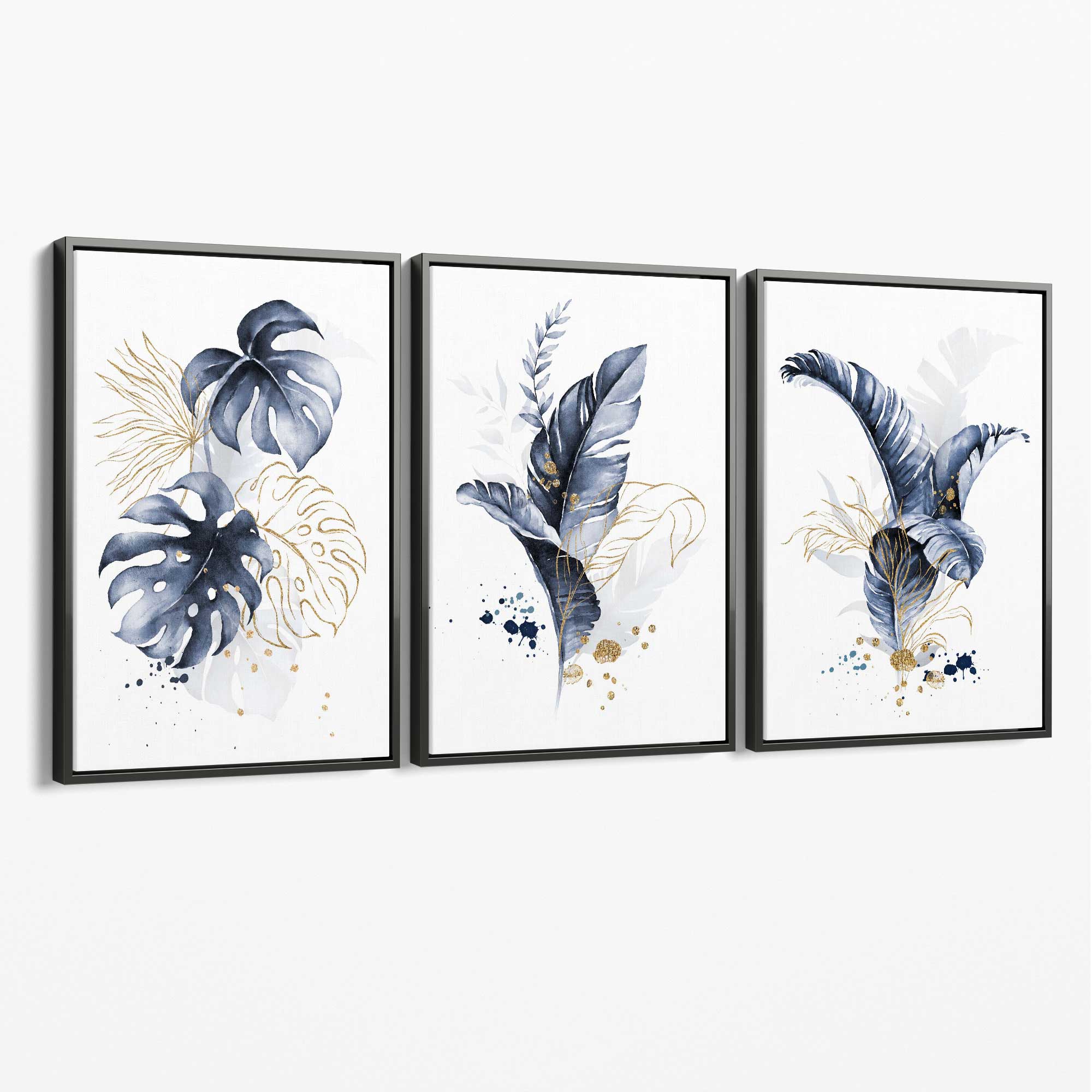 Set of 3 Navy Blue and Gold Tropical Leaves Canvas Art Prints with Grey Float Frame