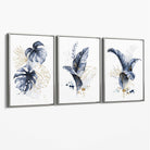 Set of 3 Navy Blue and Gold Tropical Leaves Canvas Art Prints with Silver Float Frame