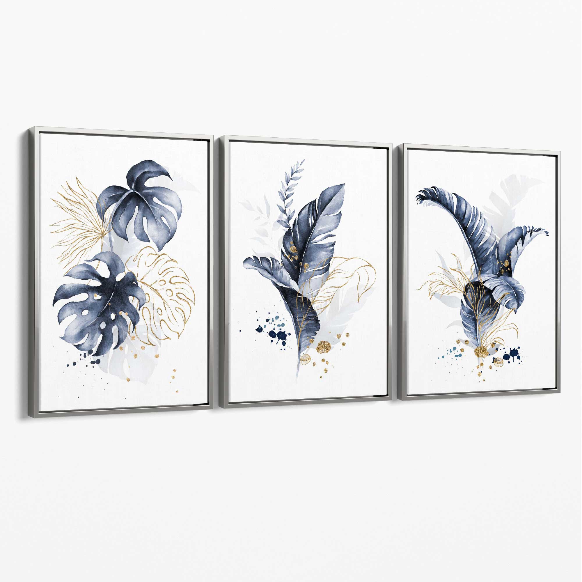 Set of 3 Navy Blue and Gold Tropical Leaves Canvas Art Prints with Silver Float Frame