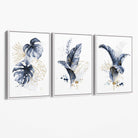 Set of 3 Navy Blue and Gold Tropical Leaves Canvas Art Prints with White Float Frame