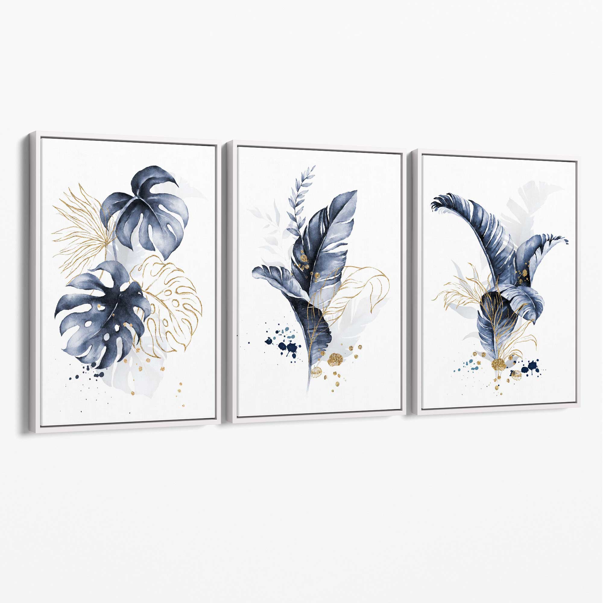 Set of 3 Navy Blue and Gold Tropical Leaves Canvas Art Prints with White Float Frame