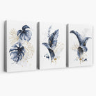 Set of 3 Navy Blue and Gold Tropical Leaves Canvas Art Prints | Artze Wall Art