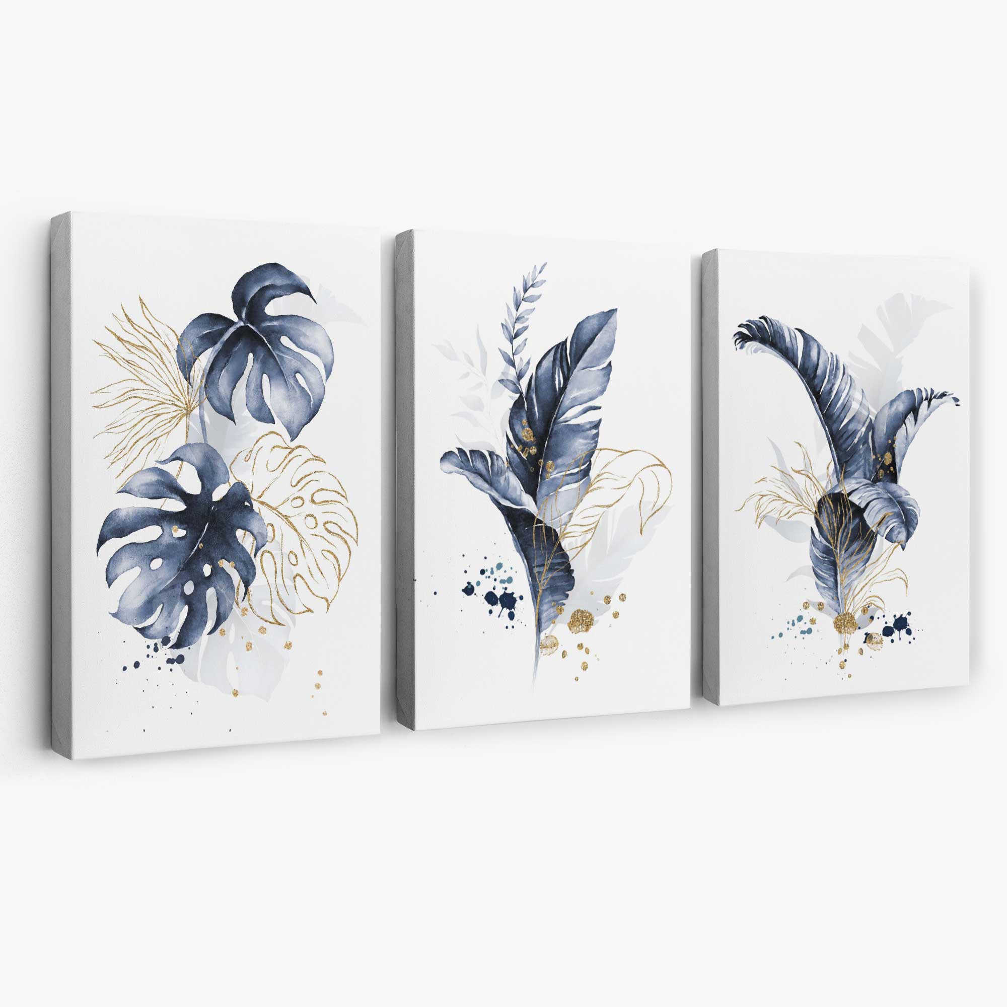 Set of 3 Navy Blue and Gold Tropical Leaves Canvas Art Prints | Artze Wall Art