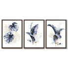 Set of 3 Navy Blue and Gold Tropical Leaves Framed Art Prints with Dark Wood Frames