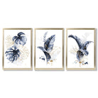 Set of 3 Navy Blue and Gold Tropical Leaves Framed Art Prints with Gold Wood Frames