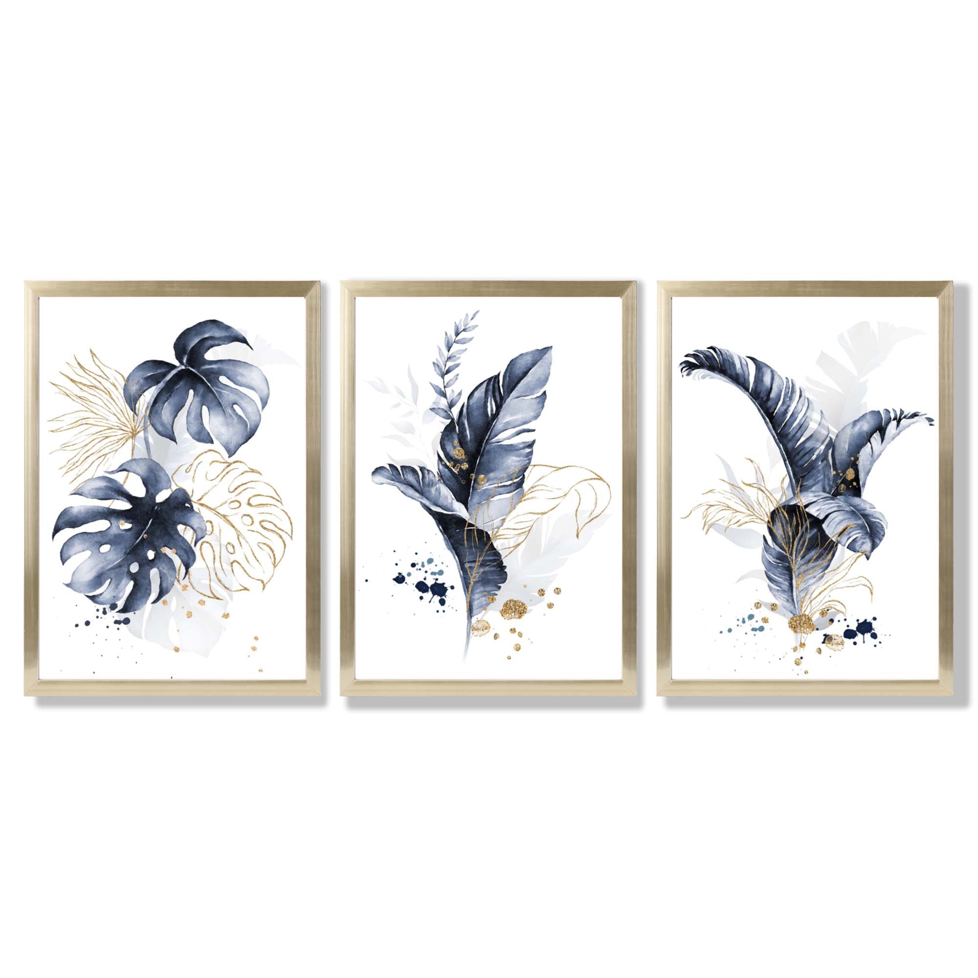 Set of 3 Navy Blue and Gold Tropical Leaves Framed Art Prints with Gold Wood Frames