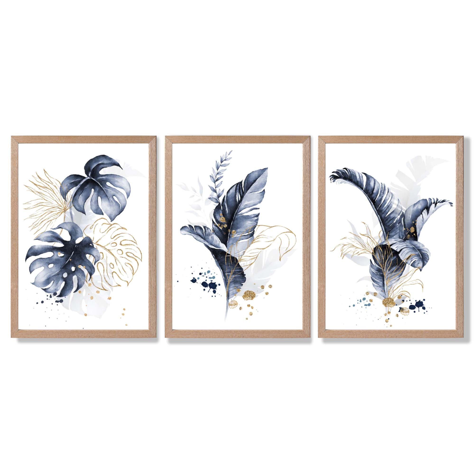 Set of 3 Navy Blue and Gold Tropical Leaves Framed Art Prints with Light Oak Frames